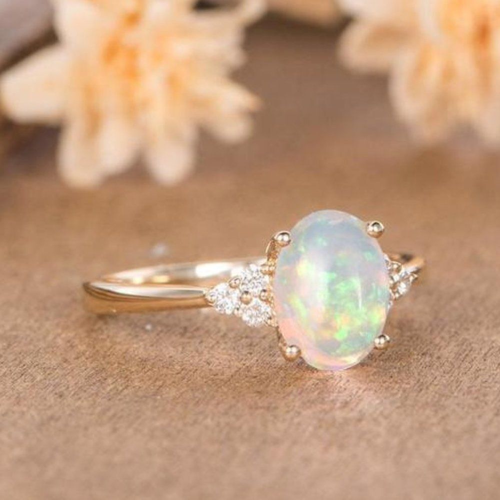 Fashion Ring Fiery Faux Opal with Cubic Zirconia's set in Gold-Tone Alloy